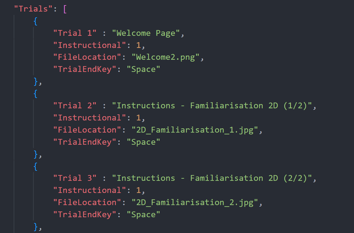 Screenshot of the experimental protocol file specifying experimental trials, which can be repeated and randomized within blocks